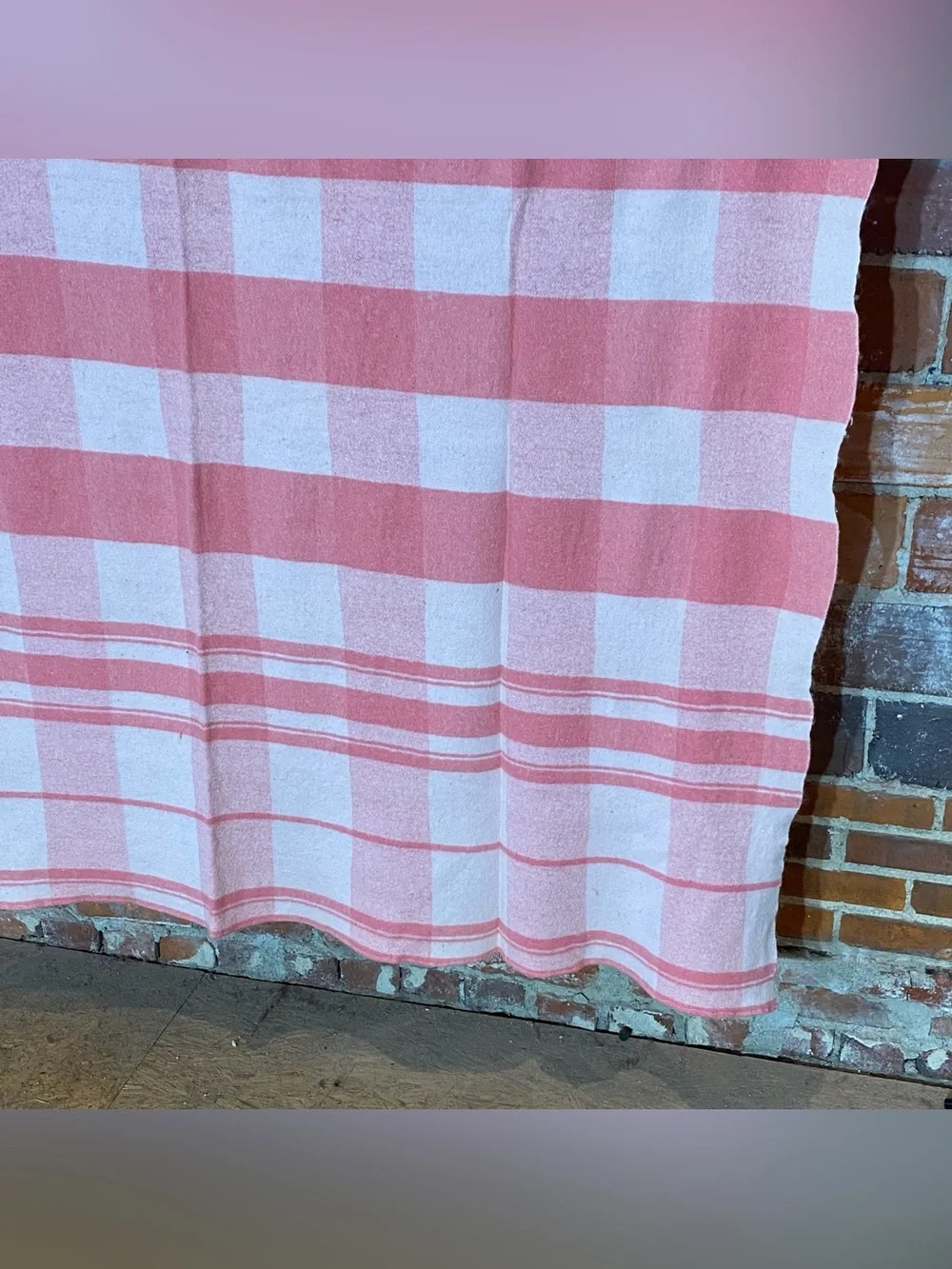 Vintage Pink White Plaid Wool Camp Blanket 61” x 79” Satin Edge